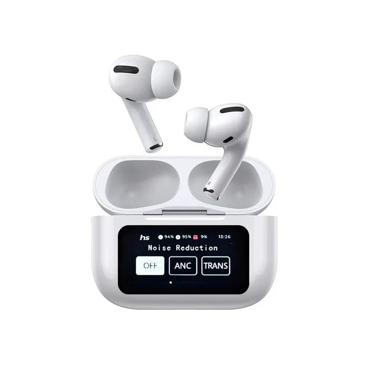A9 Pro ANC AirPods – Smart Screen Display, HD Bass Sound & Bluetooth 5.4 (Premium White)