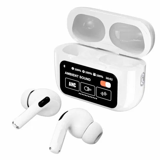 A9 Pro ANC AirPods – Smart Screen Display, HD Bass Sound & Bluetooth 5.4 (Premium White)