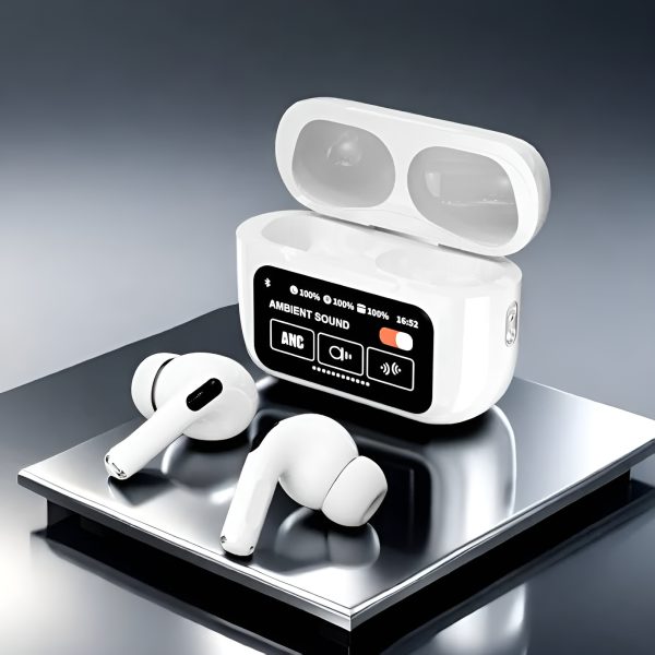A9 Pro ANC AirPods – Smart Screen Display, HD Bass Sound & Bluetooth 5.4 (Premium White)